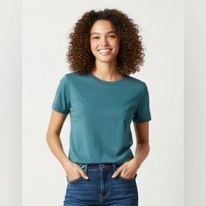 LeZe The Label teal/aquamarine short-sleeved, round neck blouse, size Small